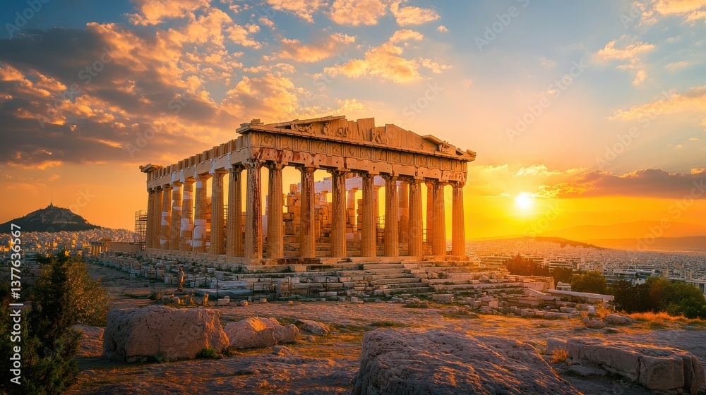 Fototapeta premium The Parthenon stands majestically as the sun sets behind it, casting a warm glow on its columns. The vibrant sky adds to the beauty of Athens' historic landscape