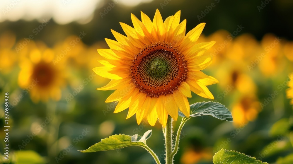 Fototapeta premium A single sunflower blooms prominently among a sea of sunflowers, basking in the warm sunlight of late afternoon. The scene captures the beauty of nature in full summer bloom