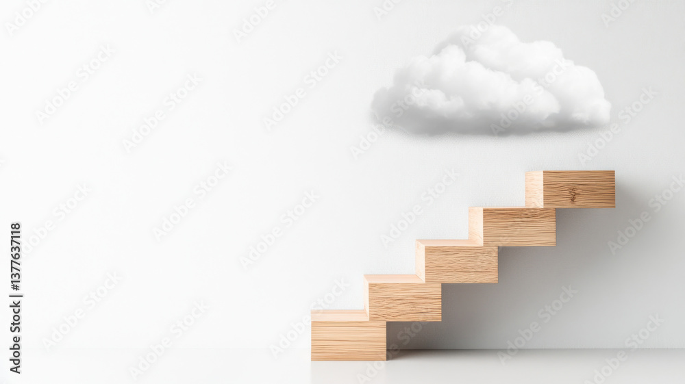 Fototapeta premium 5 steps rising staircase into the clouds, symbolizing business growth and ambition 