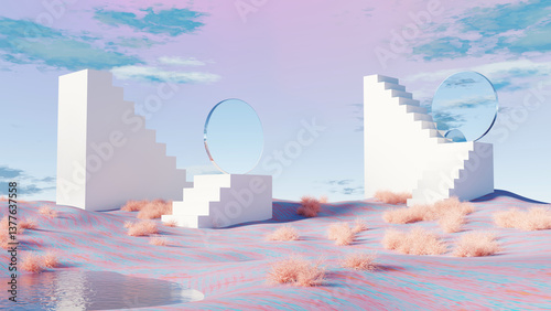 Tablou pe pânză 3D render, Surreal stairs leading to reflective circular portals in pastel dream