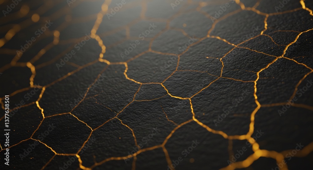 Obraz premium Dark gold cracks on black surface dramatic lighting. AI Generated