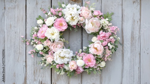 A soft pink and white floral wreath arranged on a rustic wooden door.