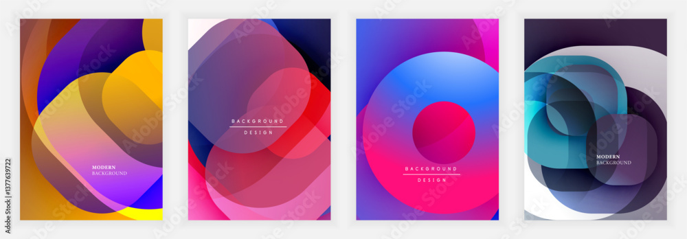 Colorful abstract posters with soft translucent circular shapes overlapping in warm and cool gradients, creating smooth depth, flow, and modern composition aesthetics