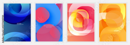 Abstract rounded shapes in vivid gradients of blue, red, pink, orange, and yellow blend and overlap in soft, modern compositions with a glowing, layered appearance