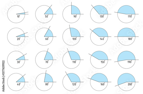 Angles degrees template set. Collection of Geometry and mathematics symbol. Measure rotation design element. Kit of angles 10, 20, 30, 40, 50, 60, 70, 80, 90, 100, 110, 120, 130, 140, 150, 160 170 180