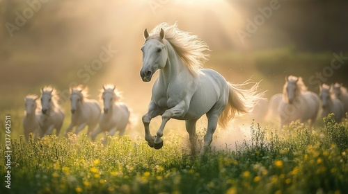 White horses galloping in sunlit field with lush greenery and flowers