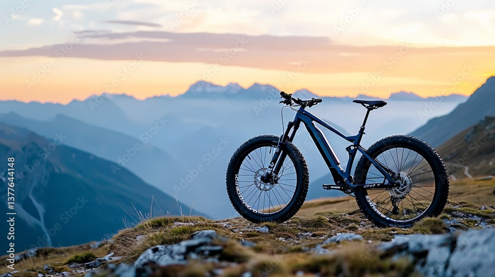 Fototapeta premium Mountain bike at sunset in majestic alpine landscape