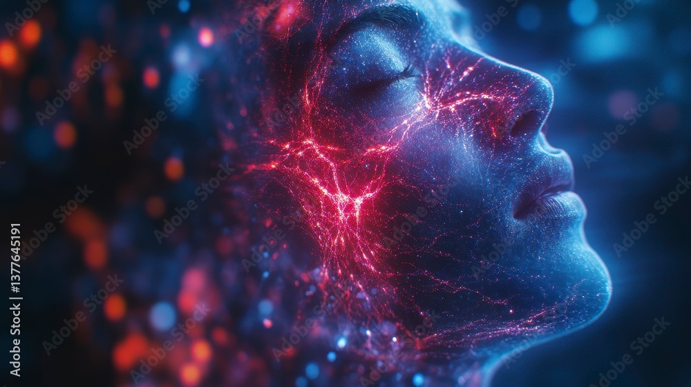 Stunning Portrait of Woman with Futuristic Neon Patterns on Face Stunning Portrait of Woman with Futuristic Neon Patterns on Face