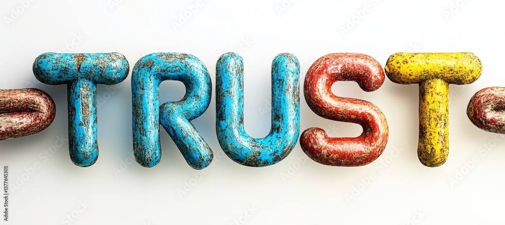 Colorful Text Spelling TRUST With Each Letter Composed Of Links Of A Chain, Isolated On White