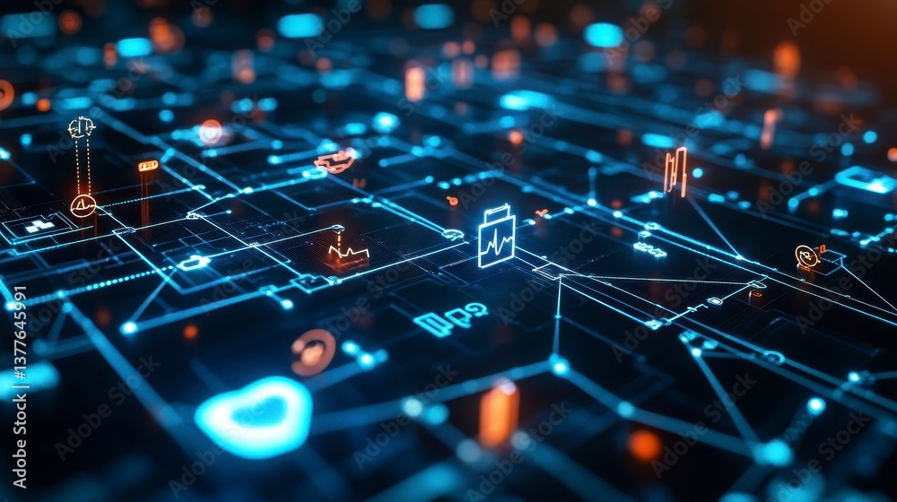 Obraz premium Abstract Digital Technology Network with Neon Graphics and Icons