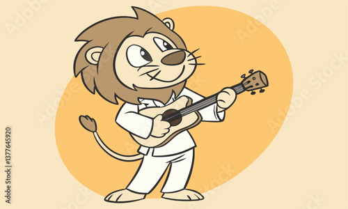Cute Vector Cheerful Cartoon Lion Playing the Guitar, showcasing a fun and lively atmosphere. Isolate on white background, commercial use