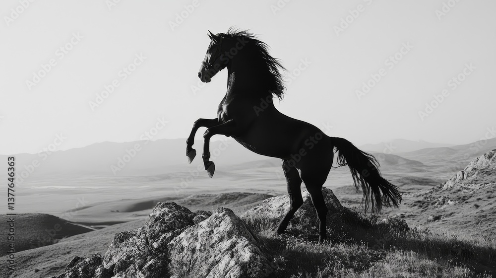 Fototapeta premium Majestic black horse rearing on rocky hillside in serene landscape