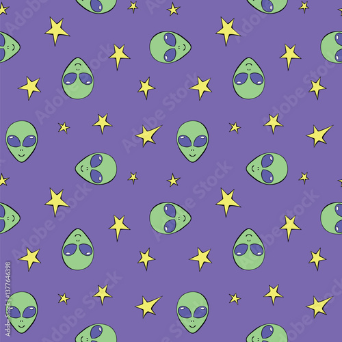 Seamless pattern with Aliens green heads, stars in doodle flat style. Humanoids, visitors, Martians. Vector illustration, wallpaper on theme of space, UFO, conspiracy theory, Sci-fi, fantastic