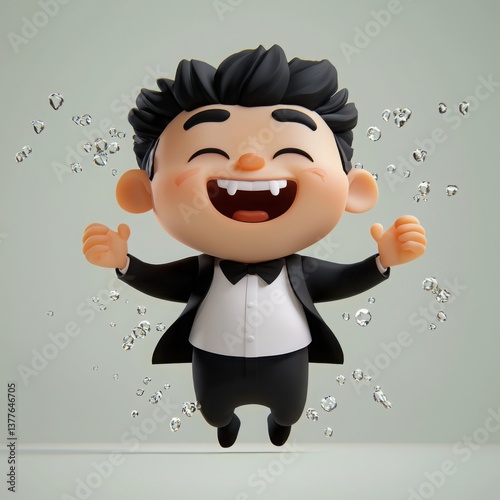 A joyful cartoon man in a tuxedo joyfully leaps and celebrates success surrounded by sparkling bubbles.