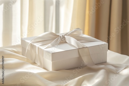 Elegant white gift box adorned with silk ribbon on a soft fabric surface in warm natural light