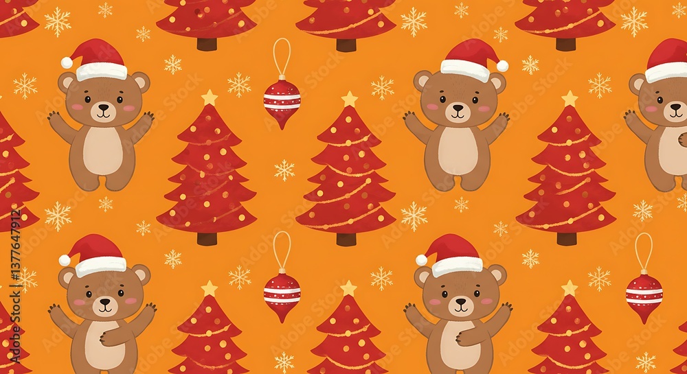 Fototapeta premium Joyful Christmas Bears: Orange Festive Pattern AI Generated