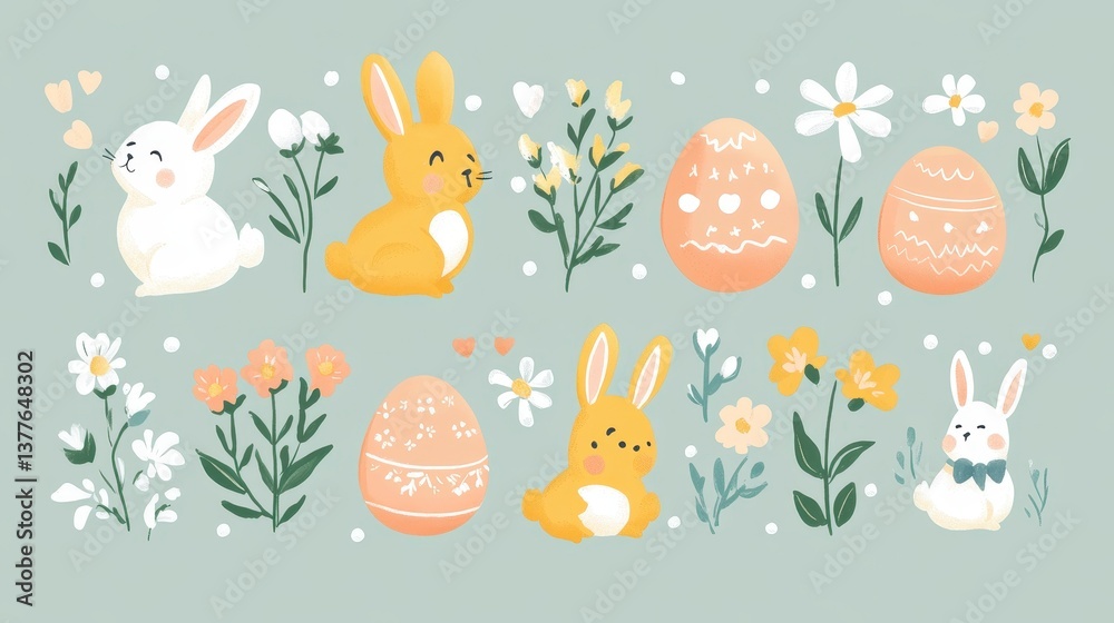 Obraz premium Cute Easter Bunnies and Colorful Eggs with Floral Decorations