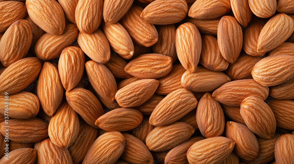 Fototapeta premium A large collection of fresh almonds is arranged closely together, highlighting their smooth, brown surfaces. The lighting enhances the natural features of the nuts, creating a warm atmosphere