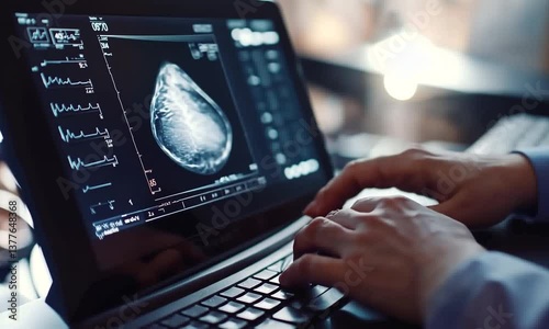 Medical professional analyzing mammogram results on a laptop, with clinical equipment in the background
