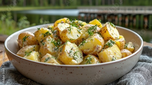 Scandinavian new potato salad in a bowl with a serene forest lake view in Finland