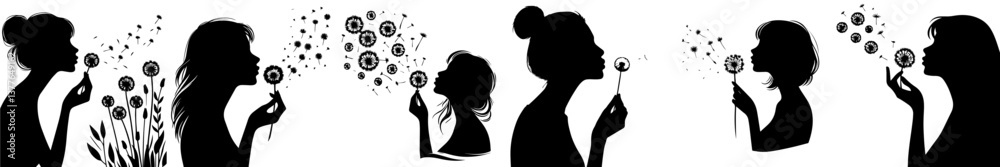 Collection of silhouettes of a woman blowing dandelion flowers Collection of silhouettes of a woman blowing dandelion flowers