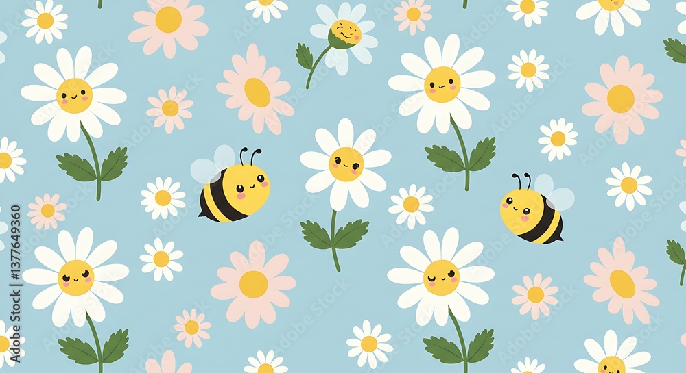 Obraz premium Charming Daisy & Bee Pattern: Pastel Blue Delight AI Generated
