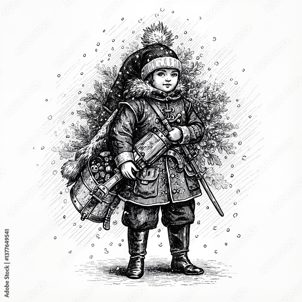 Obraz premium Vintage boy standing with gifts under snowflakes 