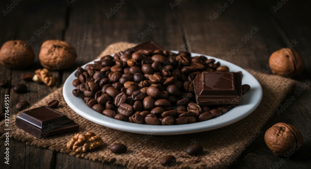 Fototapeta premium Delicious coffee beans and dark chocolate on a rustic plate with walnuts