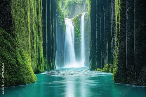 Lush waterfall cascading into a serene turquoise pool, framed by moss-covered canyon walls