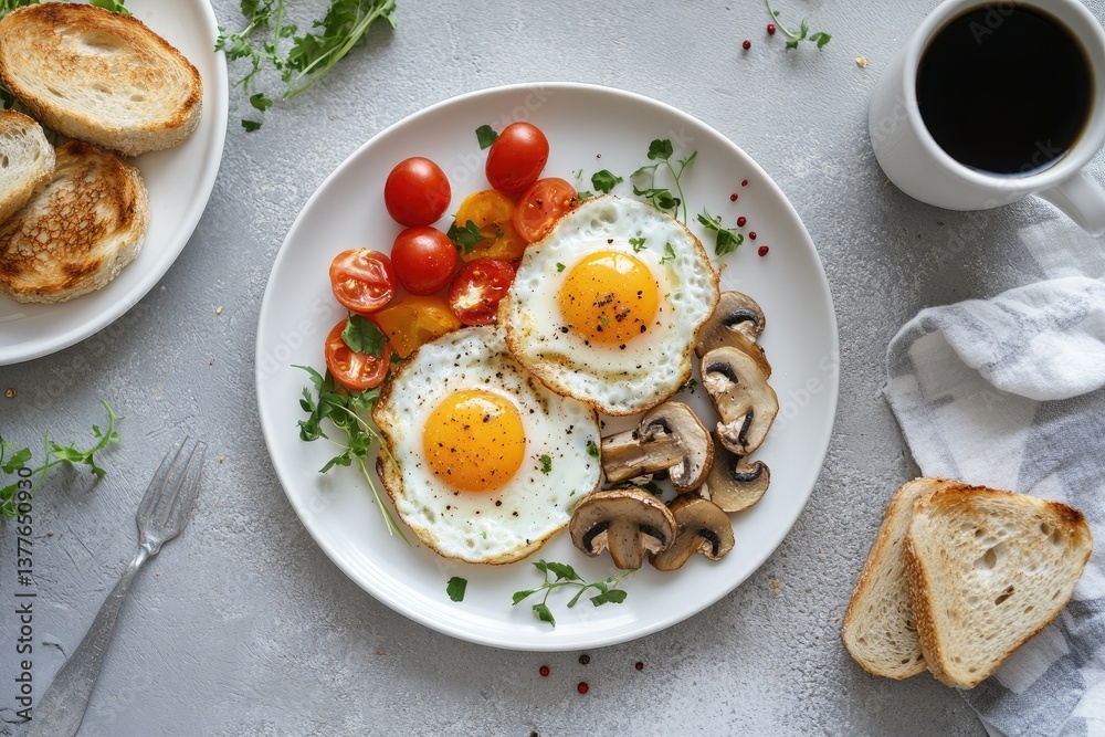 Hearty breakfast plate with fried eggs, toast, vegetables, and coffee Hearty breakfast plate with fried eggs, toast, vegetables, and coffee