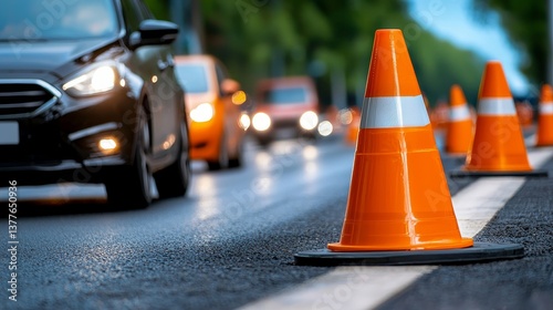 Traffic control with orange cones on busy road near vehicles