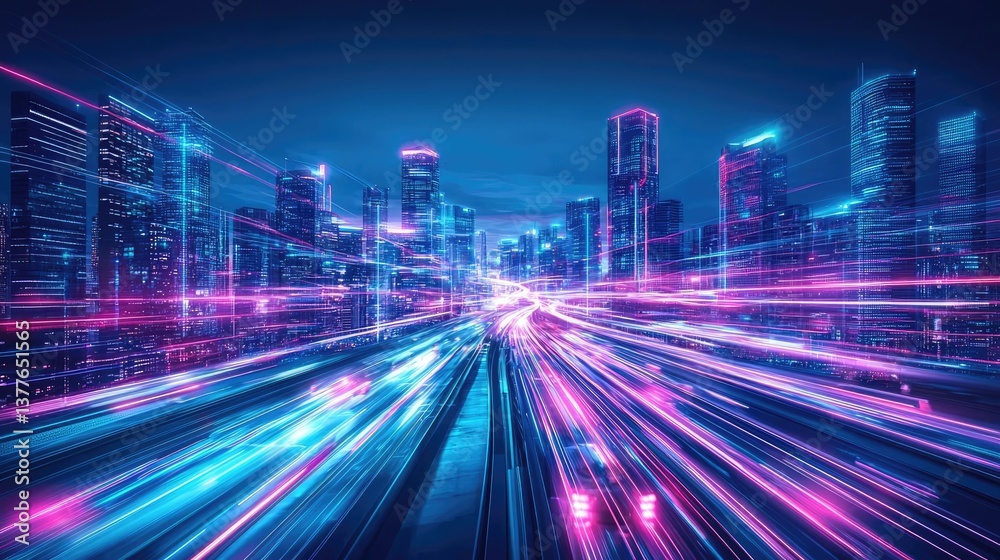 Fototapeta premium Motion blur city featuring futuristic technology and digital panorama concept. Futuristic cityscape illuminated with neon light trails.