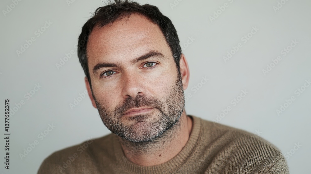 Naklejka premium Caucasian male adult with beard in brown sweater posing against neutral background