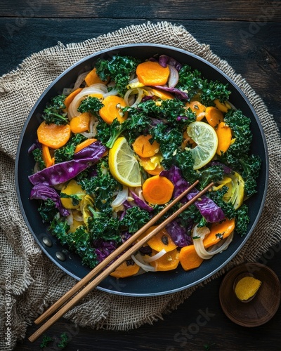 Vibrant medley of saut?ed greens and vegetables photo