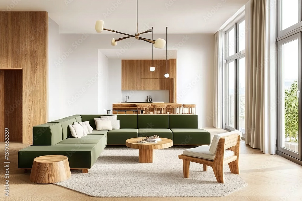 Fototapeta premium Modern living room with green sofa and wooden accents. 3D Rendering