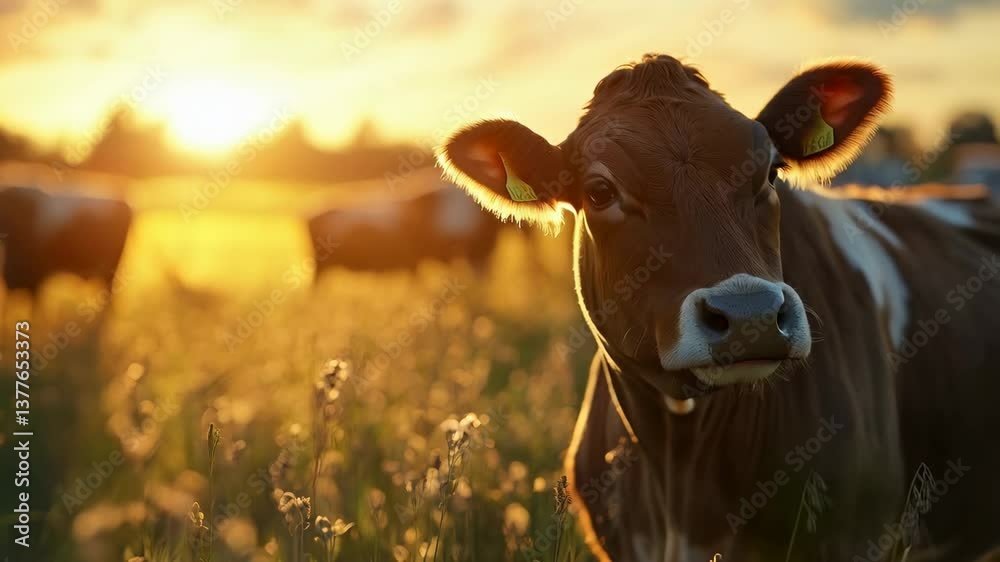A serene brown cow stands in a sunlit meadow during golden hour, surrounded by gentle pasture and distant cattle. A serene brown cow stands in a sunlit meadow during golden hour, surrounded by gentle pasture and distant cattle.