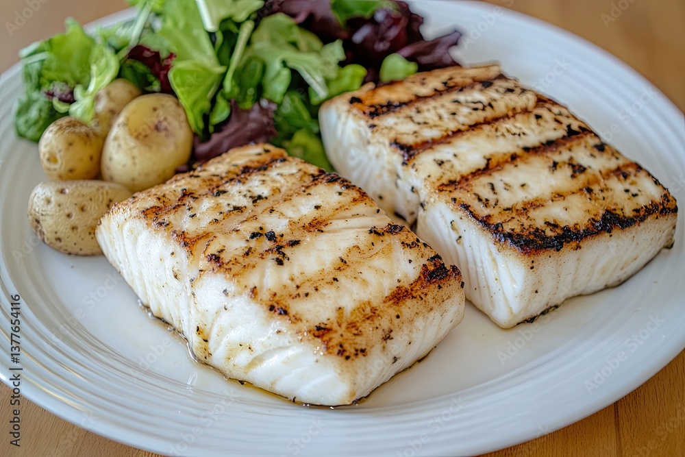 Grilled fish with roasted potatoes and salad Grilled fish with roasted potatoes and salad