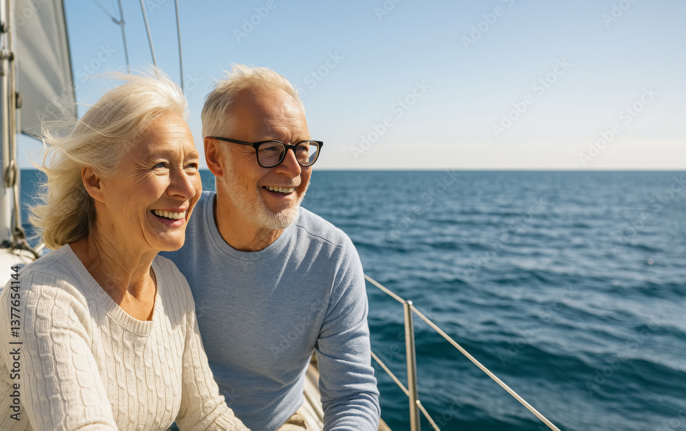 Fototapeta premium Elderly caucasian couple enjoying sailing adventure on sunny day