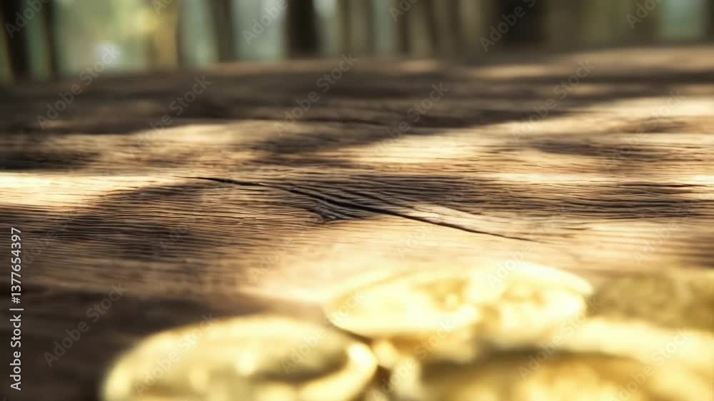 Close-up of shiny Bitcoin coins stacked on a rustic wooden surface, symbolizing cryptocurrency investment.