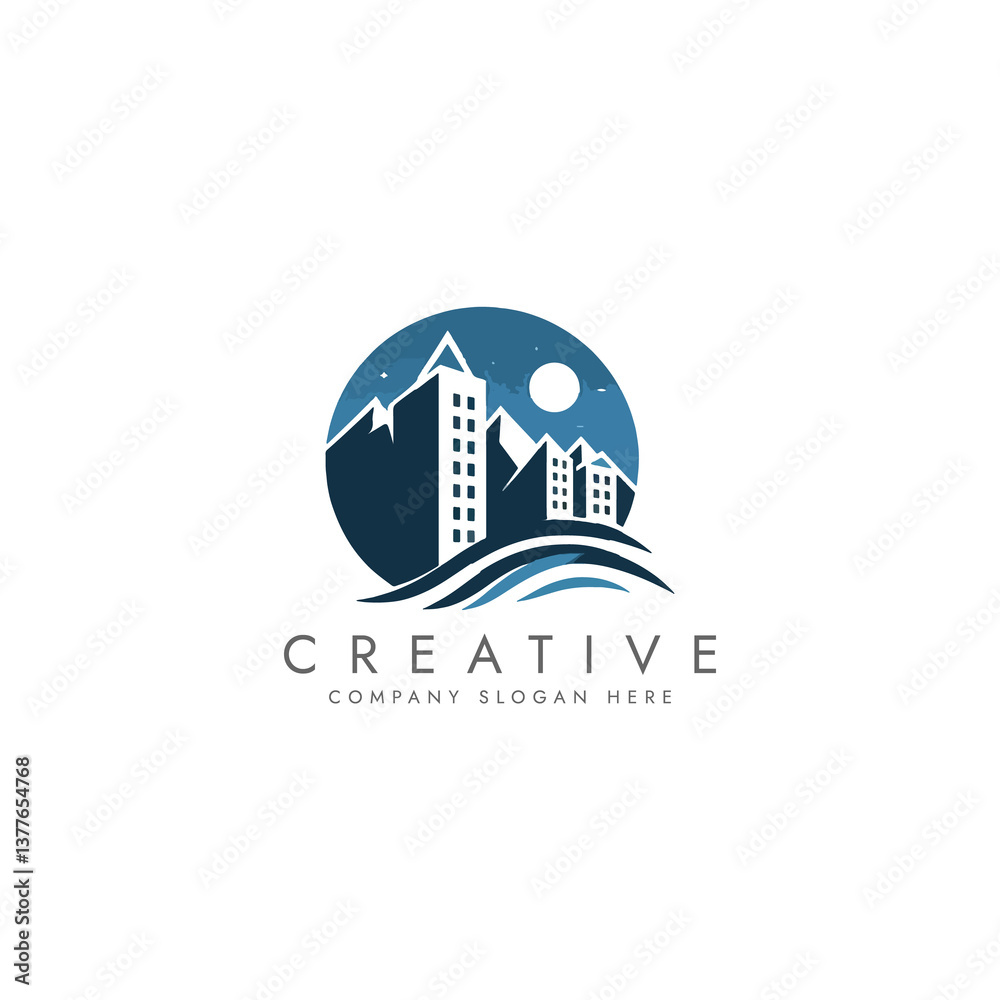 Fototapeta premium Creative Cityscape Logo with Mountains, Moon and Buildings