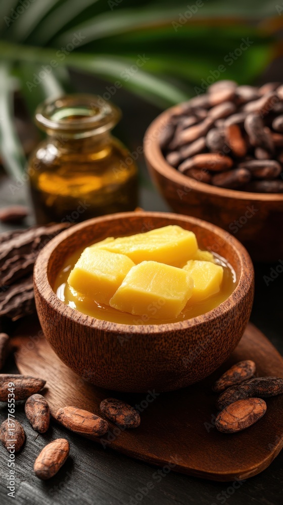 Fototapeta premium Golden Cocoa Butter Blocks in Wooden Bowl with Cacao Beans and Oil for Natural Skincare and Beauty Rituals