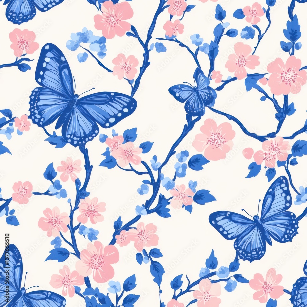 Fototapeta premium Colorful butterflies and blossoms nature garden digital art floral design close-up beauty and serenity