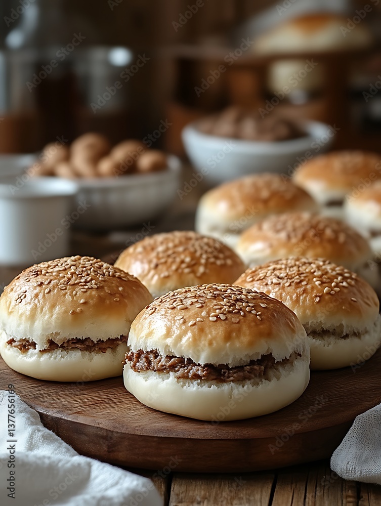 Delicious Sesame Seed Buns Filled with Meat on Wooden Board Delicious Sesame Seed Buns Filled with Meat on Wooden Board