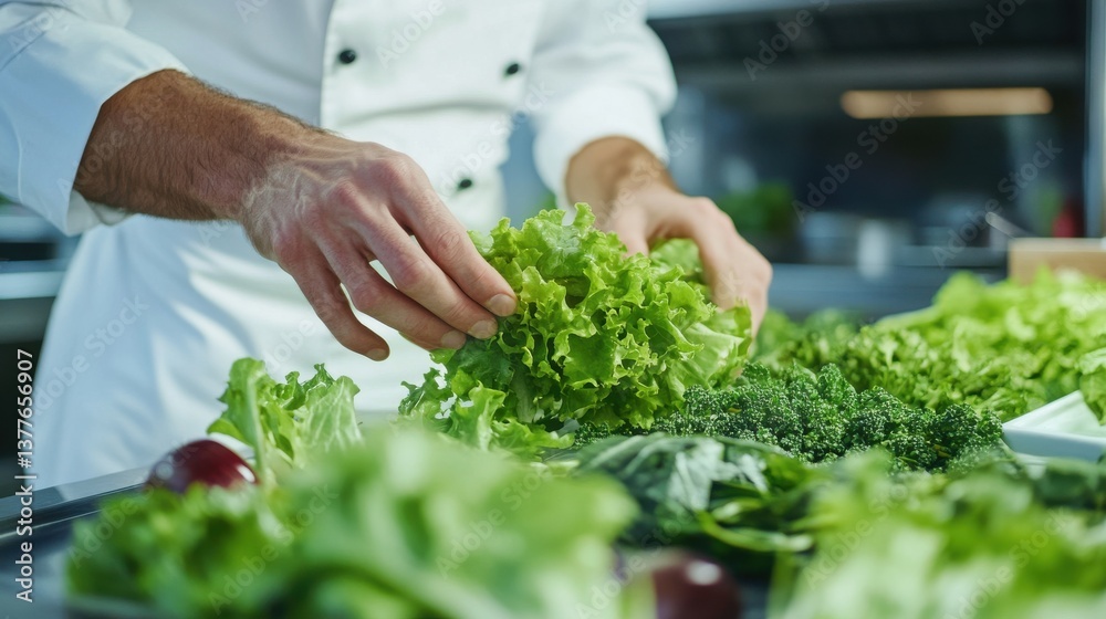 A chef carefully selects crisp lettuce and various vegetables in a well-equipped kitchen. The atmosphere is bustling as lunchtime approaches, filled with fresh produce A chef carefully selects crisp lettuce and various vegetables in a well-equipped kitchen. The atmosphere is bustling as lunchtime approaches, filled with fresh produce