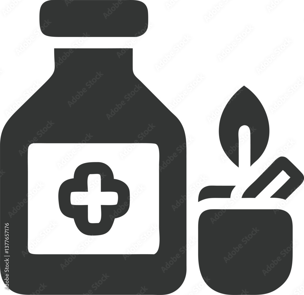 Obraz premium Pharmacy Icon Bottle with Plus Sign and Herbs in Pot against Transparent Background