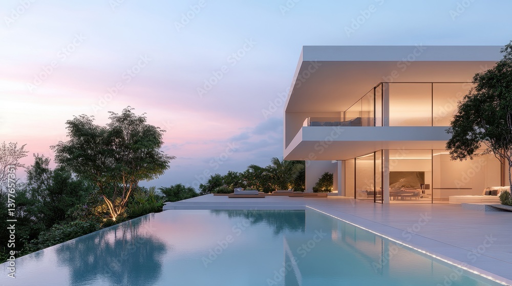 Fototapeta premium Modern luxury house with infinity pool at sunset