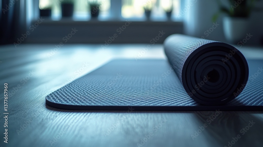 An unrolled exercise mat sits ready in a serene indoor space An unrolled exercise mat sits ready in a serene indoor space