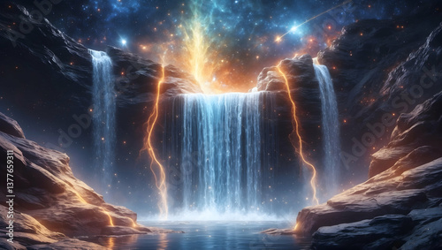 Law of attraction A mystical cosmic waterfall where streams of stardust and glowing energy cascade into the universe, representing the flow of abundance