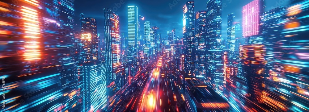 Fototapeta premium Motion blur city featuring futuristic technology and digital panorama concept. Vivid cityscape with neon lights and fast-moving traffic.