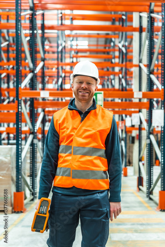 Warehouse worker smiling and holding scanner in logistics center